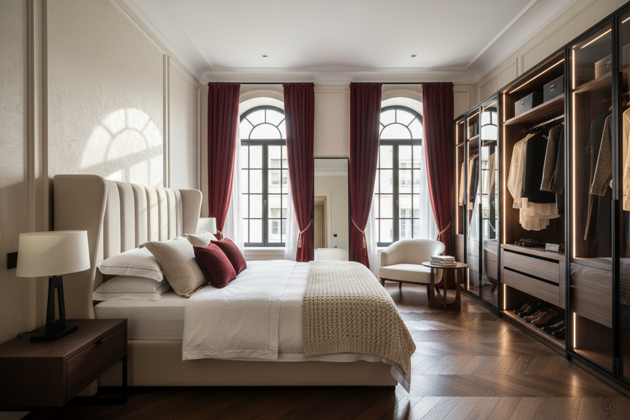 Generate a banner image suitable for a premium online store, but with natural lighting. Feature a photorealistic "Luxury" vibe of a modern architetural high end light and welcomign relaxing luxury bed room with a dark wood parwut flooring highe celiing and arched windows with balkcdetails and dark red linens curtains and cream walls and a luxury mattress on an elegant uphltered bed head with a modular custom walk in warbrode system as the clear focus.