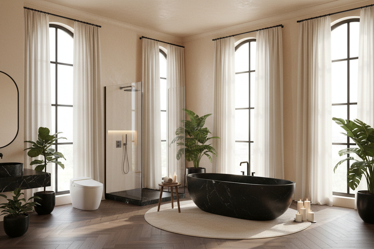 Generate a banner image suitable for a premium online store, but with natural lighting. Feature a photorealistic "Luxury" vibe of a modern architetural high end light and welcomign relaxing luxurious bathroom with a dark wood parwut flooring highe celiing and arched windows with balkcdetails and linens curtains and warm cream walls capfret and plants and a smart toilet and a freestanding lux black marble tub and a steam smart shower candle lights as well as the clear focus.