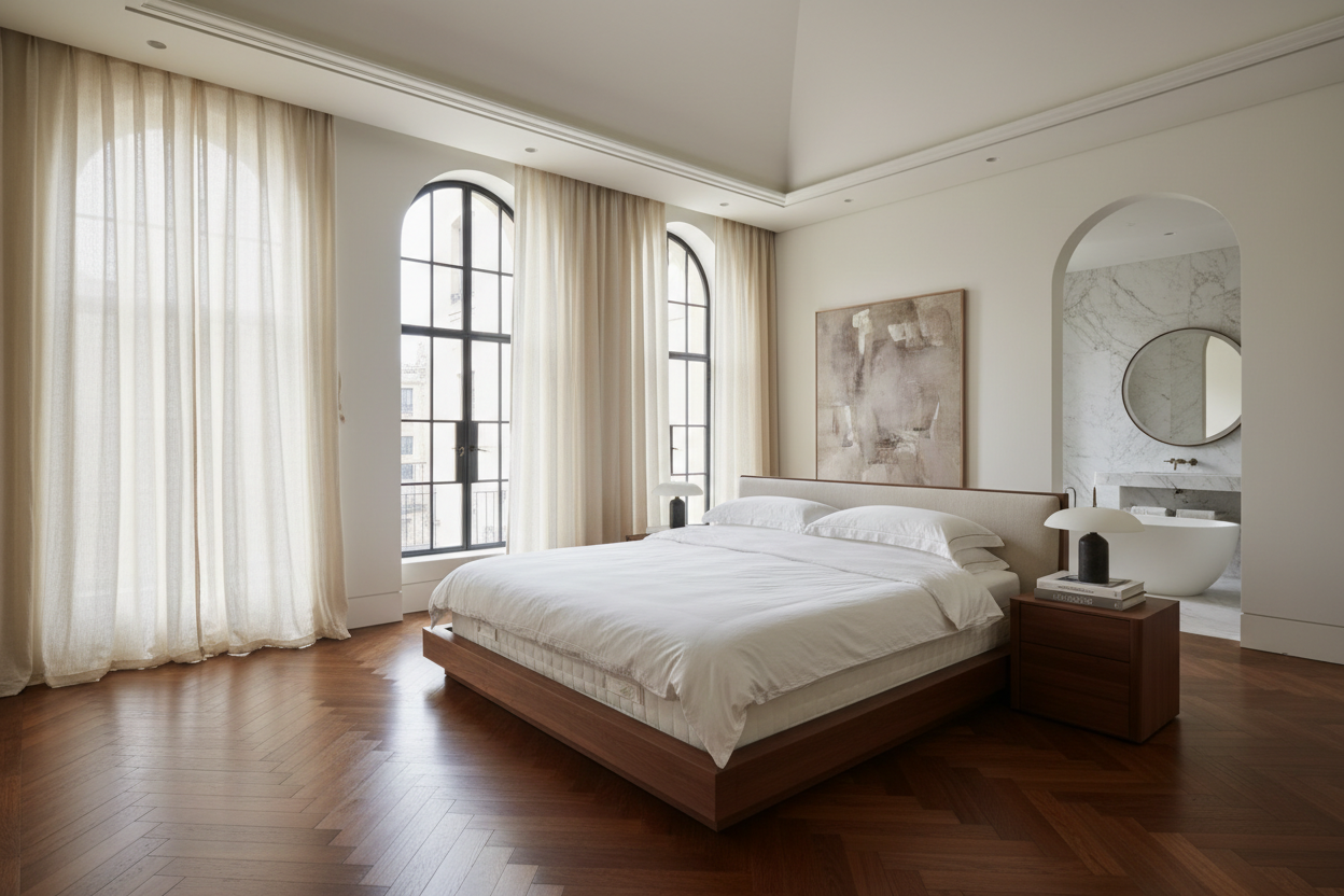 Generate a banner image suitable for a premium online store, but with natural lighting. Feature a photorealistic "Luxury" vibe of a modern architetural high end light and welcomign relaxing bed room with a dark wood parwut flooring highe celiing and arched windows with balkcdetails and linens curtains and white walls and an uncovered luxury mattress and a view of the master bathoroom visoible from th emaser bedroom s the clear focus.